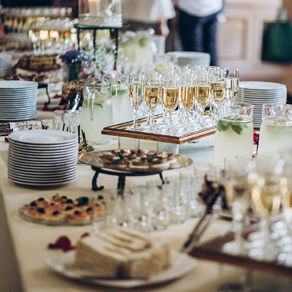 set up for a party with food and drinks